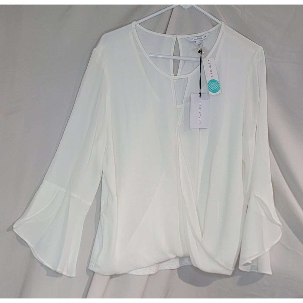 41 Hawthorn Womens Large White Sutton Bell Sleeve Faux Wrap Boho Chic Flowy NWT